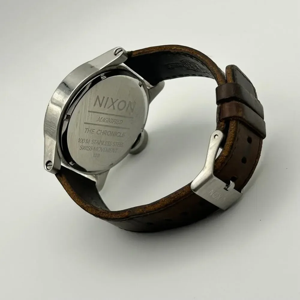 Nixon “The Chronicle” Lefty Mens Watch Silver Brown Leather Working New Battery